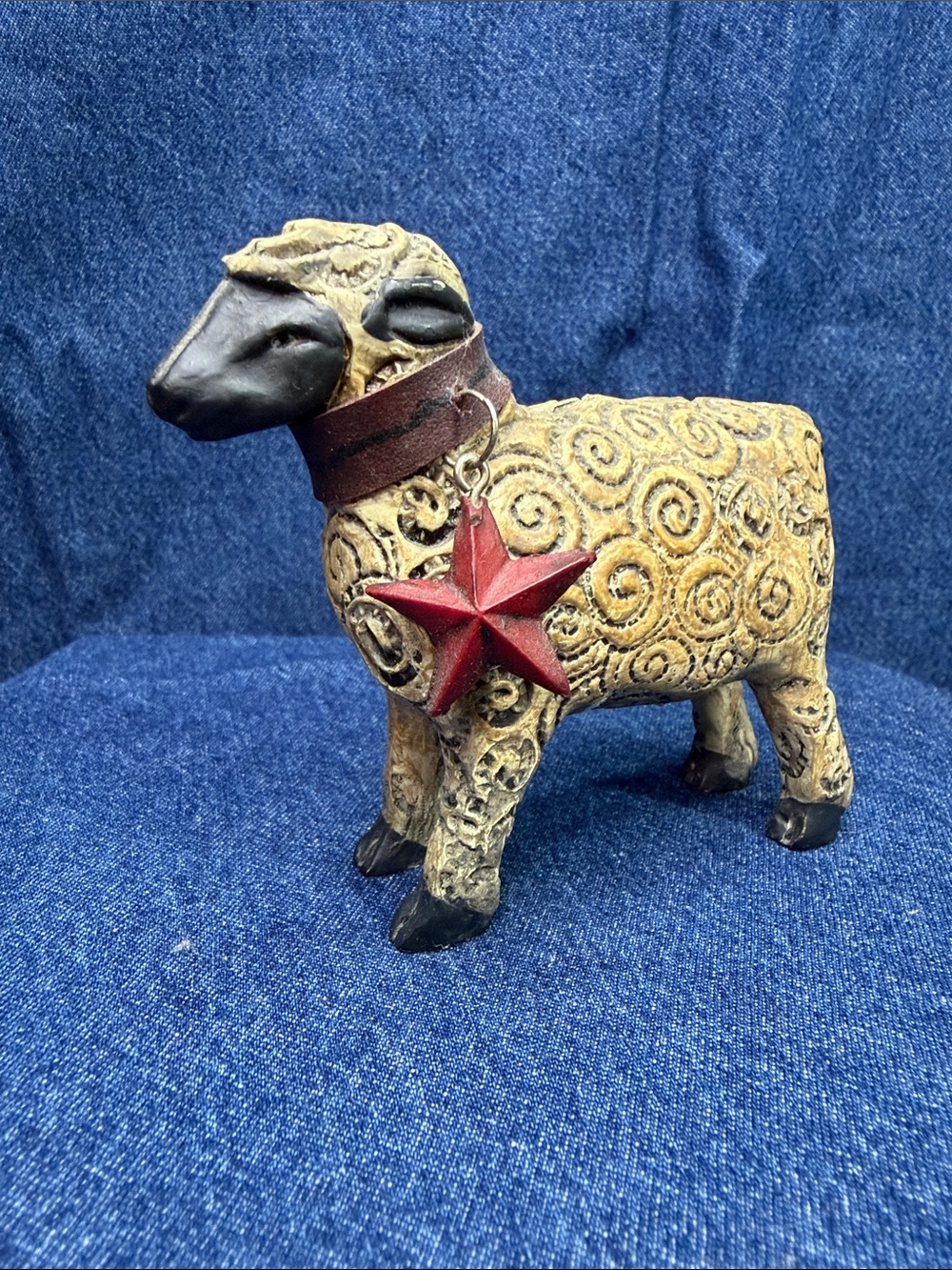 Decorative Beige & Black Lamb Figurine with Red Star